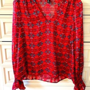 AQUA x Pendleton sheer tribal pattern blouse Small Holiday ruffle Christmas Red